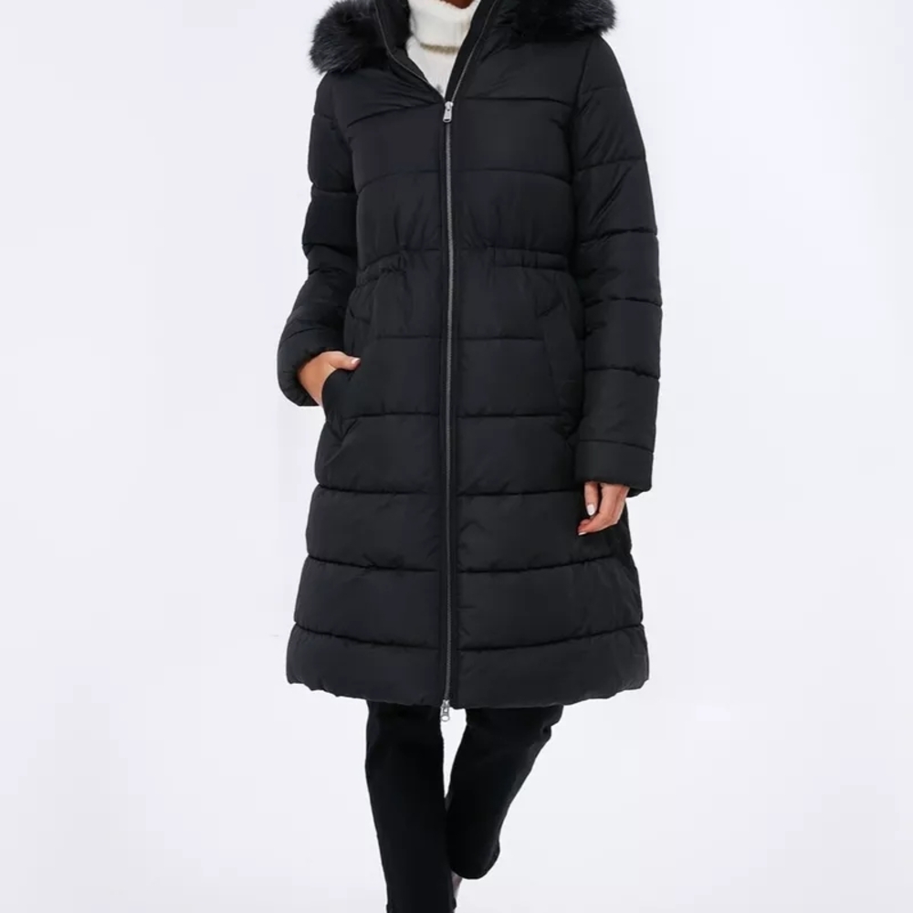 Women's Black Puffer Coat with Faux Fur Hood